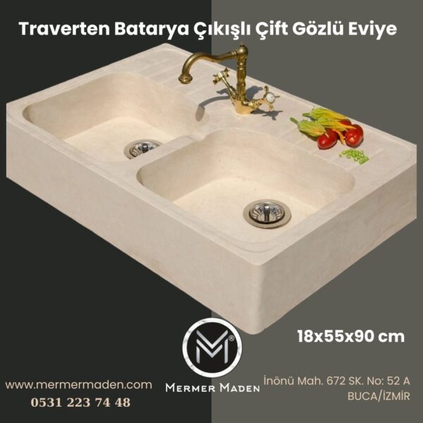 Traverten Batarya Çıkışlı Çift Gözlü Eviye | Modern ve Şık Doğal Taş Lavabo
