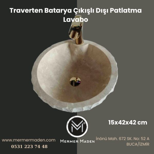 Traverten Batarya Çıkışlı Dışı Patlatma Lavabo | Modern ve Şık Doğal Taş Lavabo