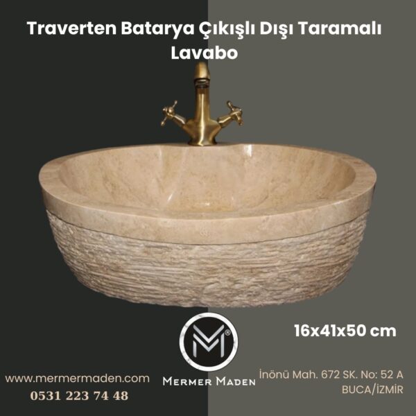 Traverten Batarya Çıkışlı Dışı Taramalı Lavabo | Modern ve Şık Doğal Taş Lavabo