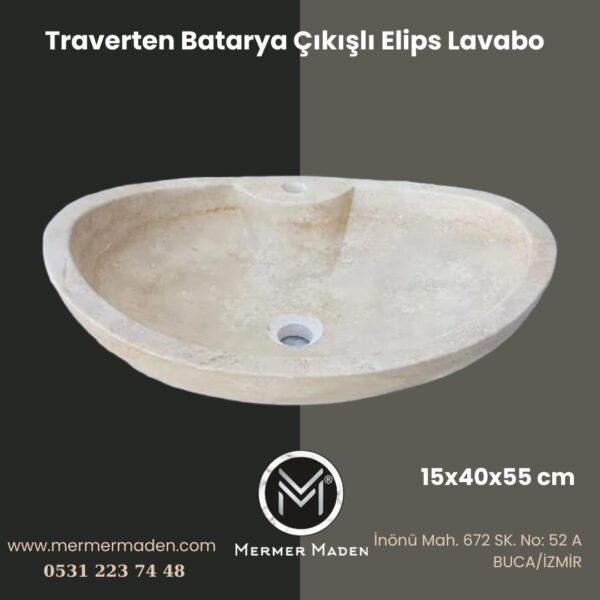 Traverten Batarya Çıkışlı Elips Lavabo | Modern ve Şık Doğal Taş Lavabo