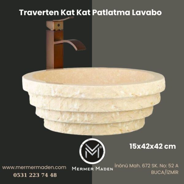 Traverten Kat Kat Patlatma Lavabo | Modern ve Şık Doğal Taş Lavabo