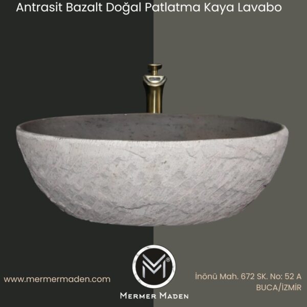 Antrasit Bazalt Doğal Patlatma Kaya Lavabo | Modern ve Şık Doğal Taş Lavabo
