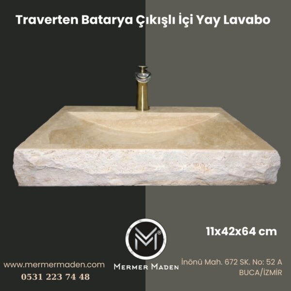 Traverten Batarya Çıkışlı İçi Yay Lavabo | Modern ve Şık Doğal Taş Lavabo