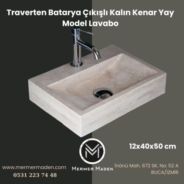 Traverten Batarya Çıkışlı Kare Lavabo | Modern ve Şık Doğal Taş Lavabo