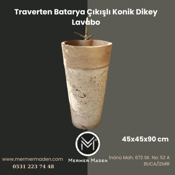 Traverten Batarya Çıkışlı Konik Dikey Lavabo | Modern ve Şık Doğal Taş Lavabo