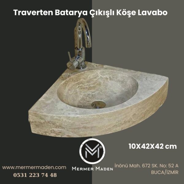 Traverten Batarya Çıkışlı Köşe Lavabo | Modern ve Şık Doğal Taş Lavabo