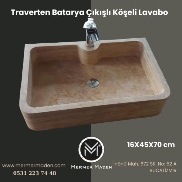 Traverten Batarya Çıkışlı Köşeli Lavabo | Modern ve Şık Doğal Taş Lavabo