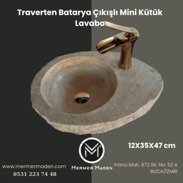 Traverten Batarya Çıkışlı Mini Kütük Lavabo | Modern ve Şık Doğal Taş Lavabo