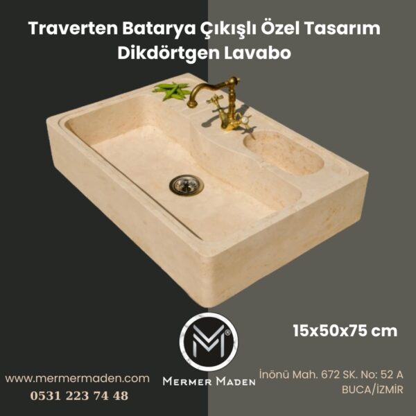 Traverten Batarya Çıkışlı Özel Tasarım Dikdörtgen Lavabo | Modern ve Şık Doğal Taş Lavabo