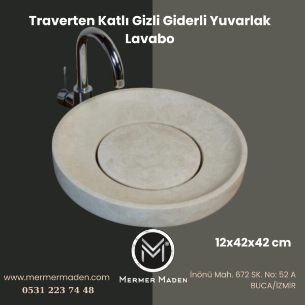 Traverten Katlı Gizli Giderli Yuvarlak Lavabo | Modern ve Şık Doğal Taş Lavabo