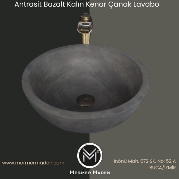 Antrasit Bazalt Kalın Kenar Çanak Lavabo | Modern ve Şık Doğal Taş Lavabo