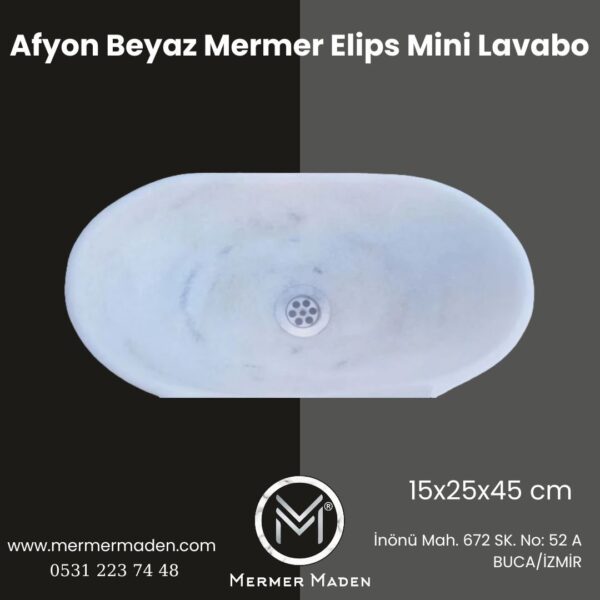 Afyon Beyaz Mermer Elips Mini Lavabo | Modern ve Şık Doğal Taş Lavabo
