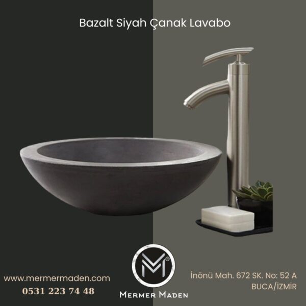 Bazalt Siyah Çanak Lavabo | Modern ve Şık Doğal Taş Lavabo