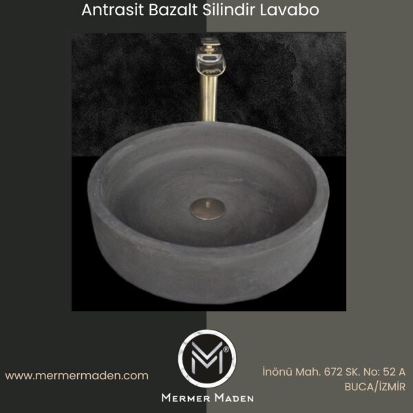Antrasit Bazalt Silindir Lavabo | Modern ve Şık Doğal Taş Lavabo