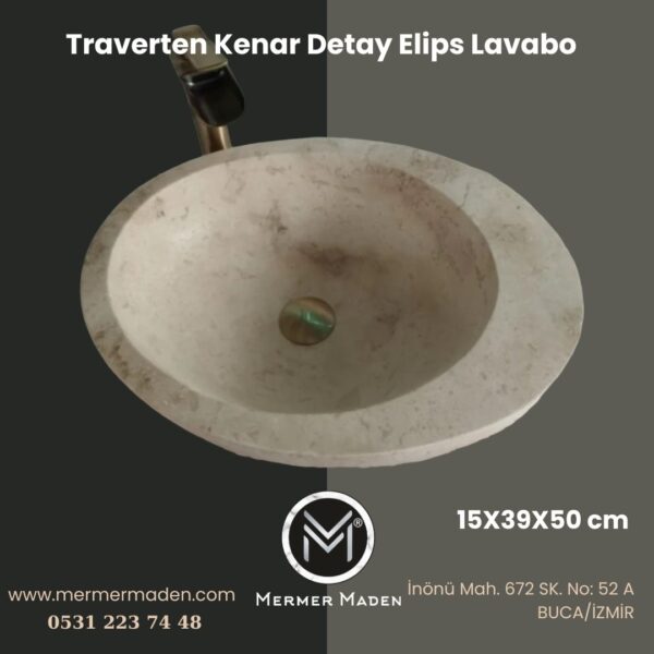 Traverten Kenar Detay Elips Lavabo | Modern ve Şık Doğal Taş Lavabo
