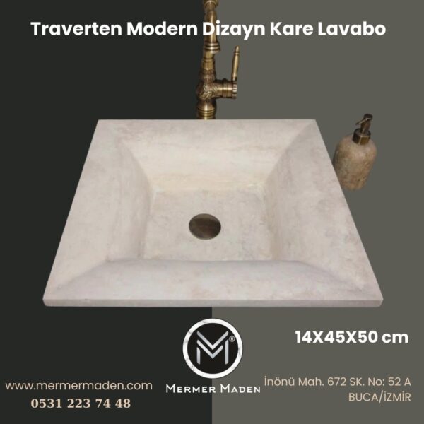 Traverten Modern Dizayn Kare Lavabo | Modern ve Şık Doğal Taş Lavabo