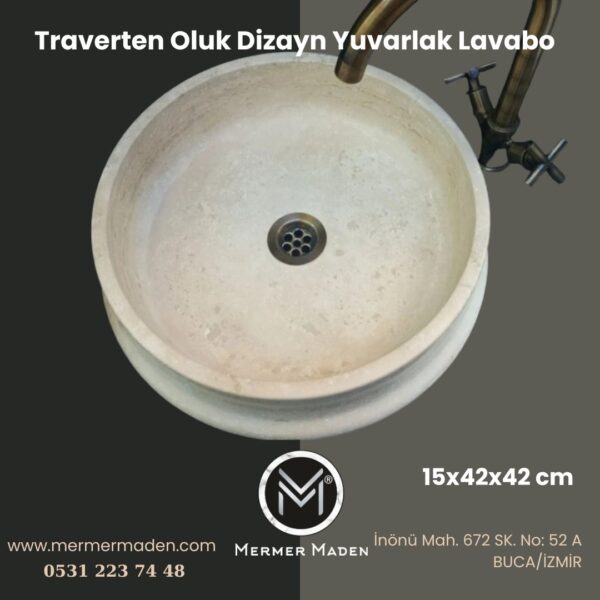Traverten Oluk Dizayn Yuvarlak Lavabo | Modern ve Şık Doğal Taş Lavabo