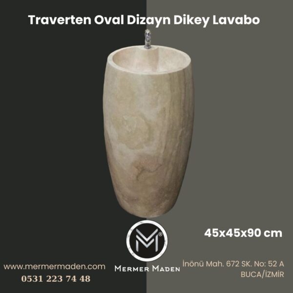 Traverten Oval Dizayn Dikey Lavabo | Modern ve Şık Doğal Taş Lavabo