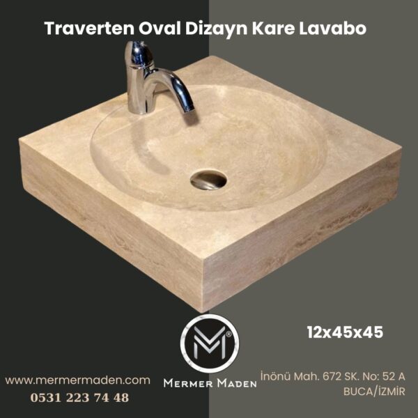 Traverten Oval Dizayn Kare Lavabo | Modern ve Şık Doğal Taş Lavabo