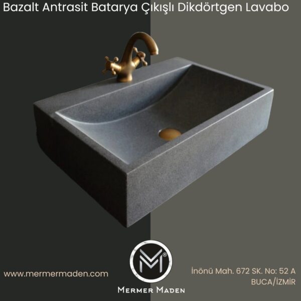 Bazalt Antrasit Batarya Çıkışlı Dikdörtgen Lavabo | Modern ve Şık Doğal Taş Lavabo