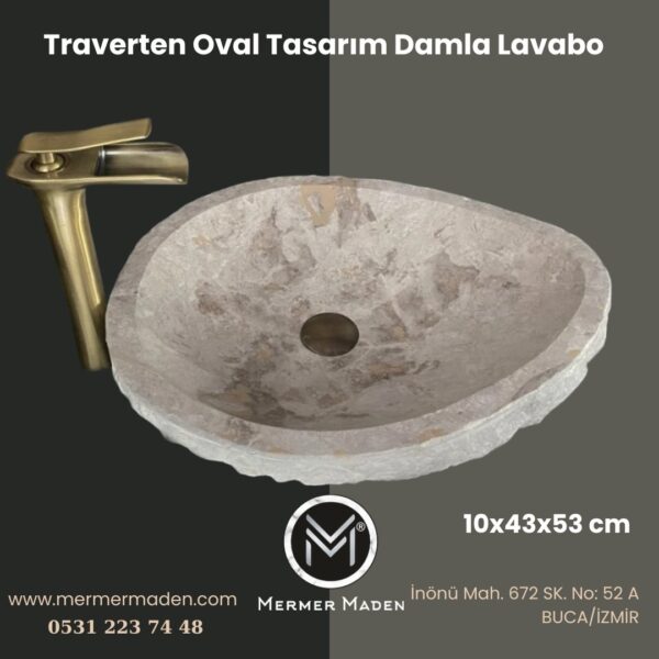 Traverten Oval Tasarım Damla Lavabo | Modern ve Şık Doğal Taş Lavabo