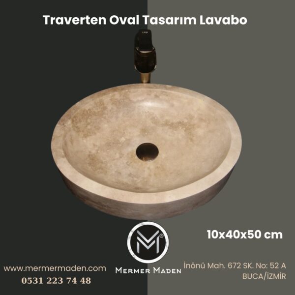 Traverten Oval Tasarım Lavabo | Modern ve Şık Doğal Taş Lavabo