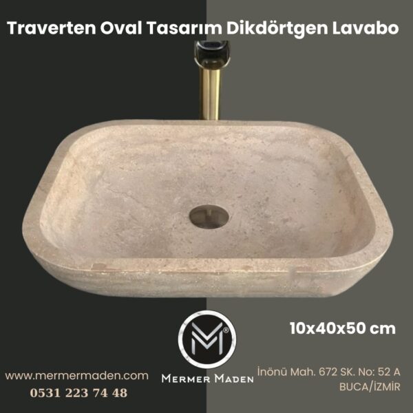 Traverten Oval Tasarım Dikdörtgen Lavabo | Modern ve Şık Doğal Taş Lavabo
