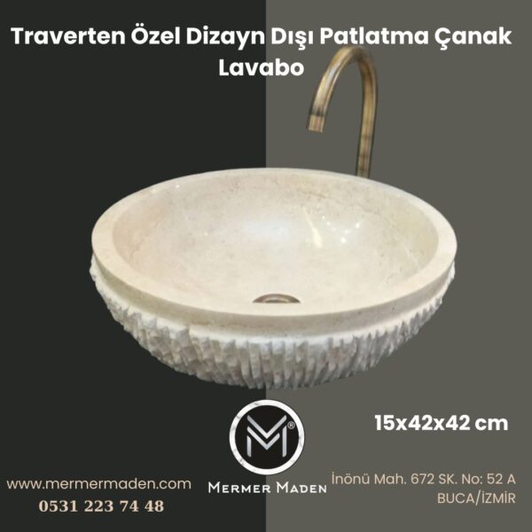 Traverten Özel Dizayn Dışı Patlatma Çanak Lavabo | Modern ve Şık Doğal Taş Lavabo