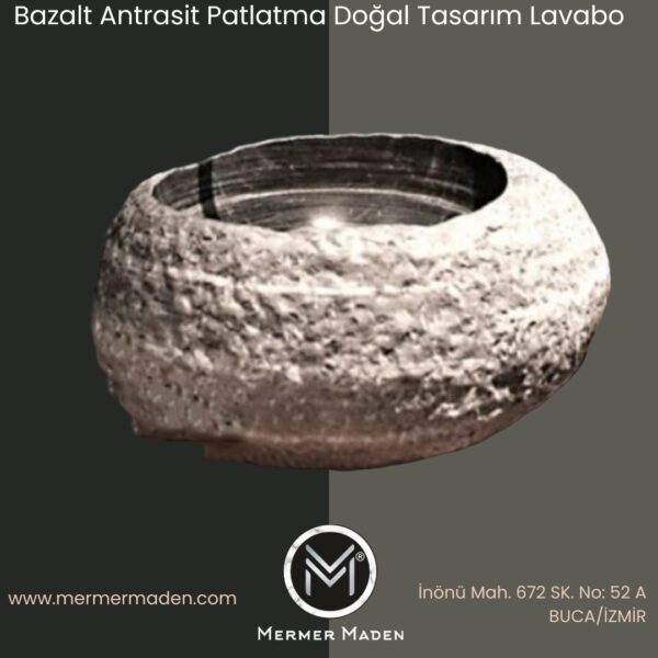 Bazalt Antrasit Patlatma Doğal Tasarım Lavabo | Modern ve Şık Doğal Taş Lavabo