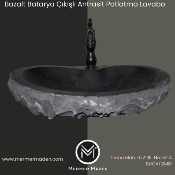 Bazalt Batarya Çıkışlı Antrasit Patlatma Lavabo | Modern ve Şık Doğal Taş Lavabo