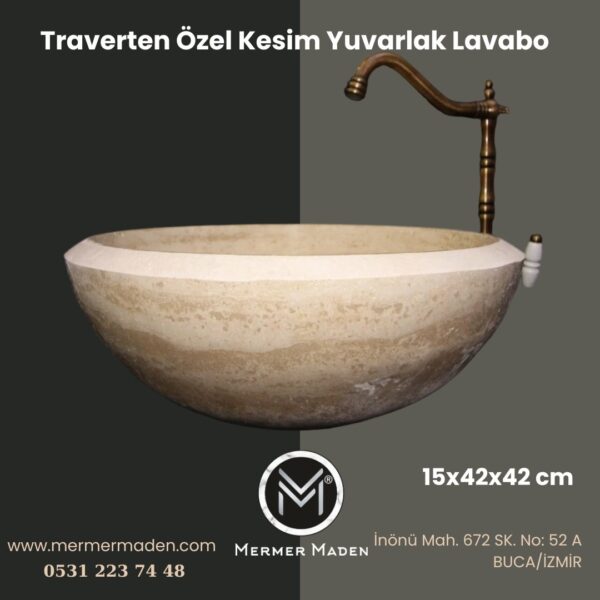 Traverten Özel Kesim Yuvarlak Lavabo | Modern ve Şık Doğal Taş Lavabo