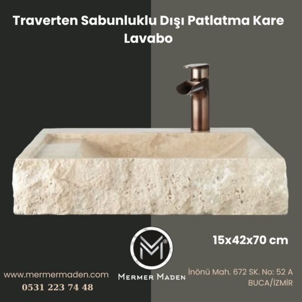 Traverten Sabunluklu Dışı Patlatma Kare Lavabo | Modern ve Şık Doğal Taş Lavabo