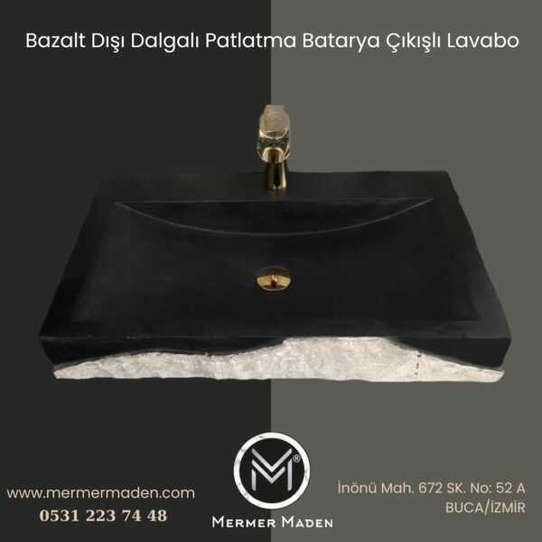 Bazalt Dışı Dalgalı Patlatma Batarya Çıkışlı Lavabo | Modern ve Şık Doğal Taş Lavabo