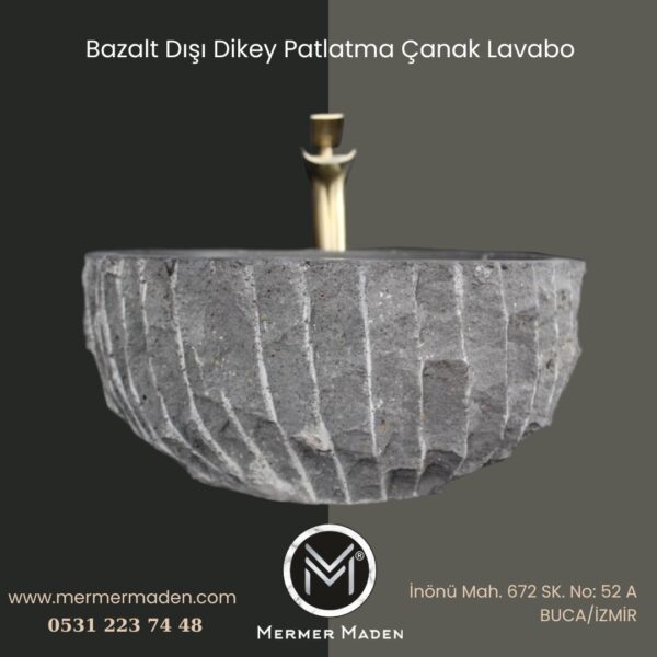 Bazalt Dışı Dikey Patlatma Çanak Lavabo | Modern ve Şık Doğal Taş Lavabo