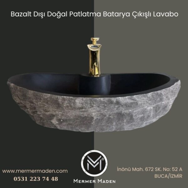 Bazalt Dışı Doğal Patlatma Batarya Çıkışlı Lavabo | Modern ve Şık Doğal Taş Lavabo