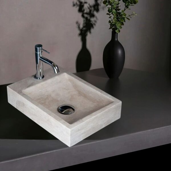 Traverten Yandan Batarya Çıkışlı Kare Lavabo | Modern ve Şık Doğal Taş Lavabo