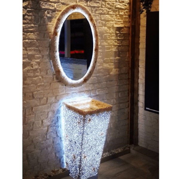 Silis Taşlı Işıklı Piramit Lavabo Oval Ayna Beyaz – Modern Banyo Seti